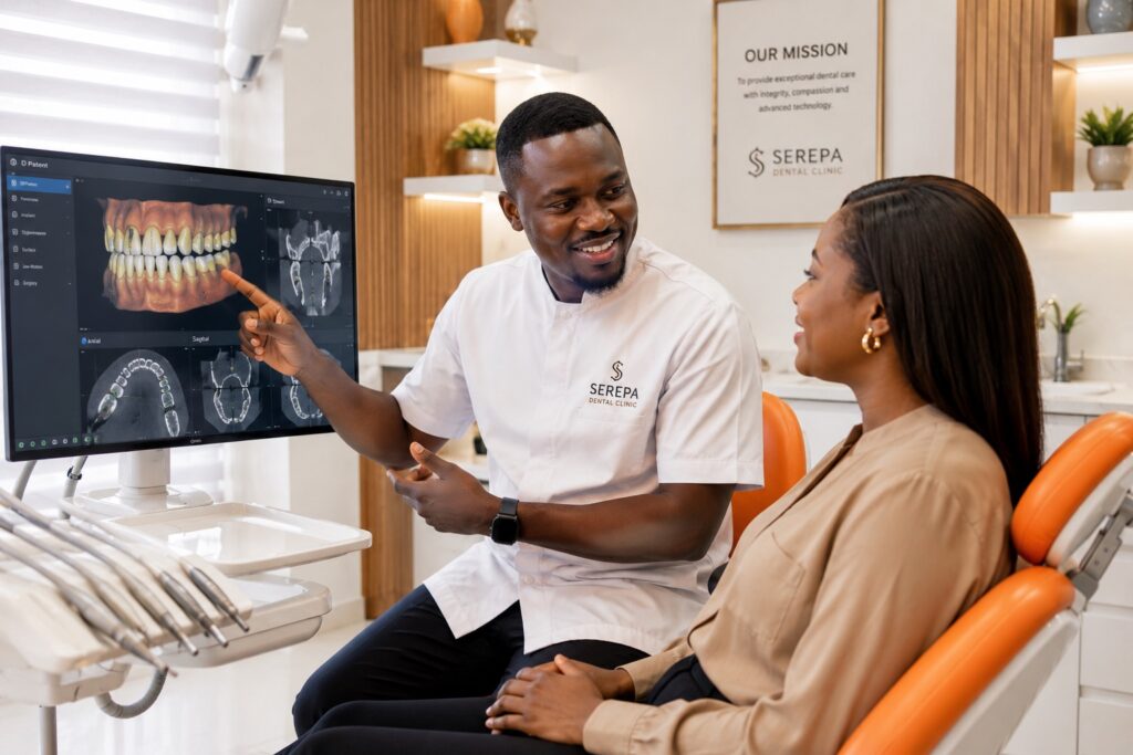 An african dentist explaining a dental procedure to a patient in a dental chair