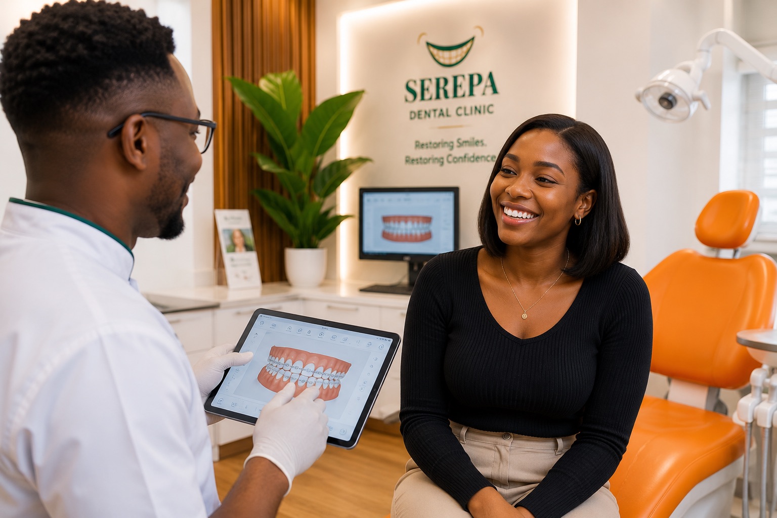 A patient smiling confidently after discussing orthodontic treatment with her dentist