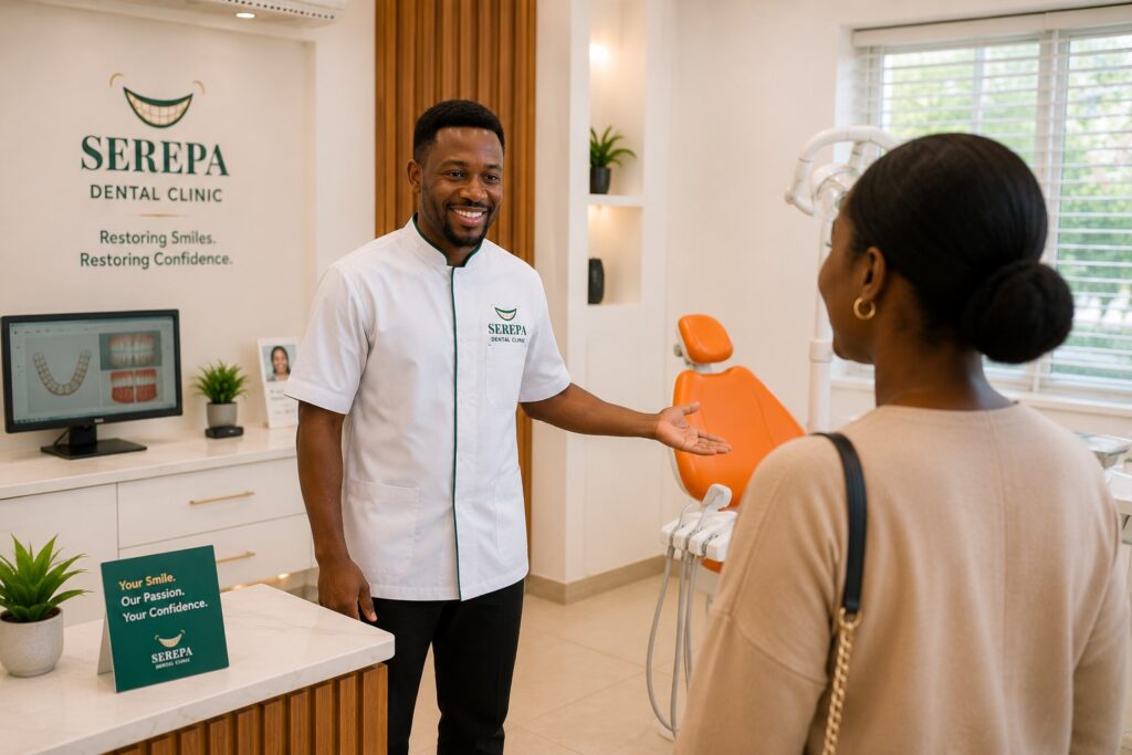 An orthodontist welcoming a patient to a consulting room