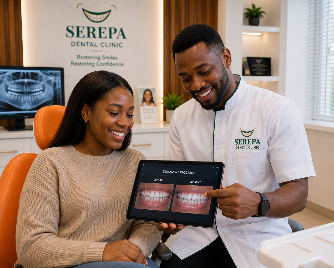 An orthodontist reviewing treatment progress with a patient