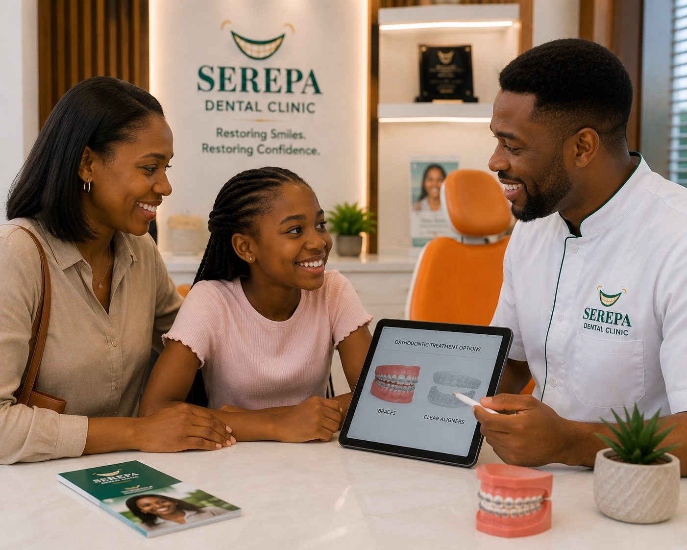 An African parent and child discussing orthodontic care with a dentist.