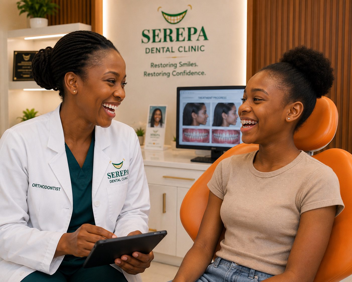African orthodontist laughing with a young patient after a review appointment in a premium consultation room.