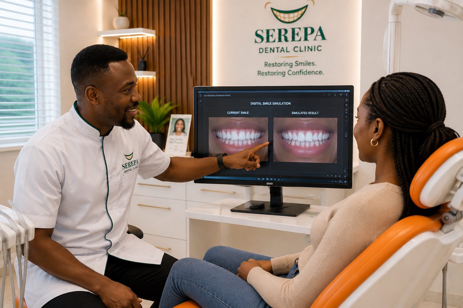 An orthodontist reviewing a digital smile simulation with a patient