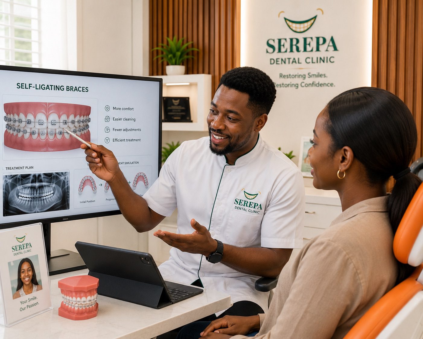 A dentist explaining self-ligating braces