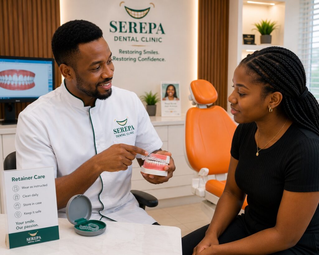 African orthodontist demonstrating how to wear and care for a retainer using a dental model while the patient listens attentively.